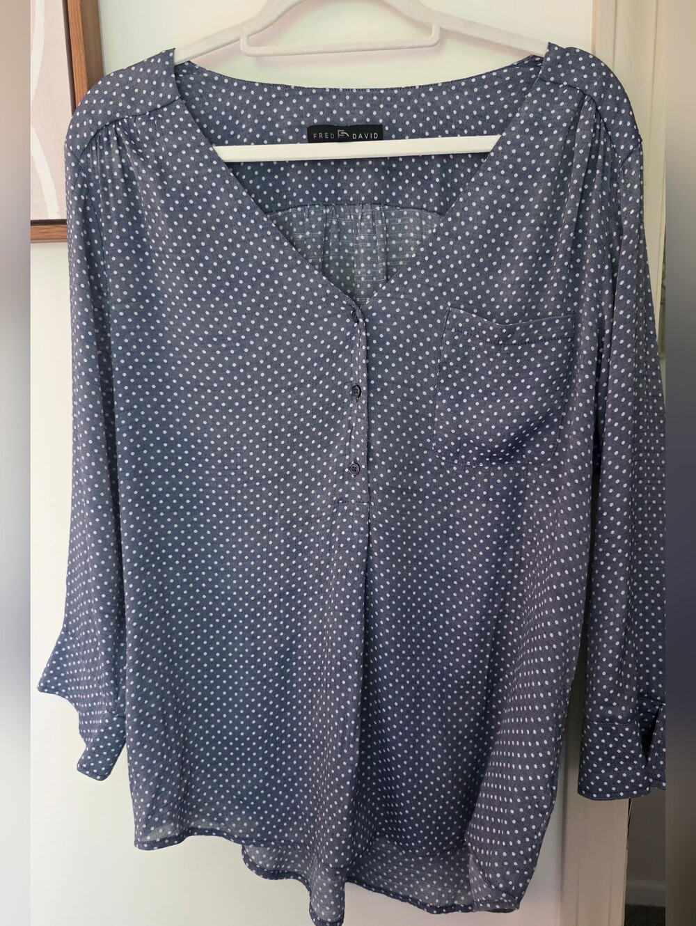 Blue Polka Dot V-Neck Blouse